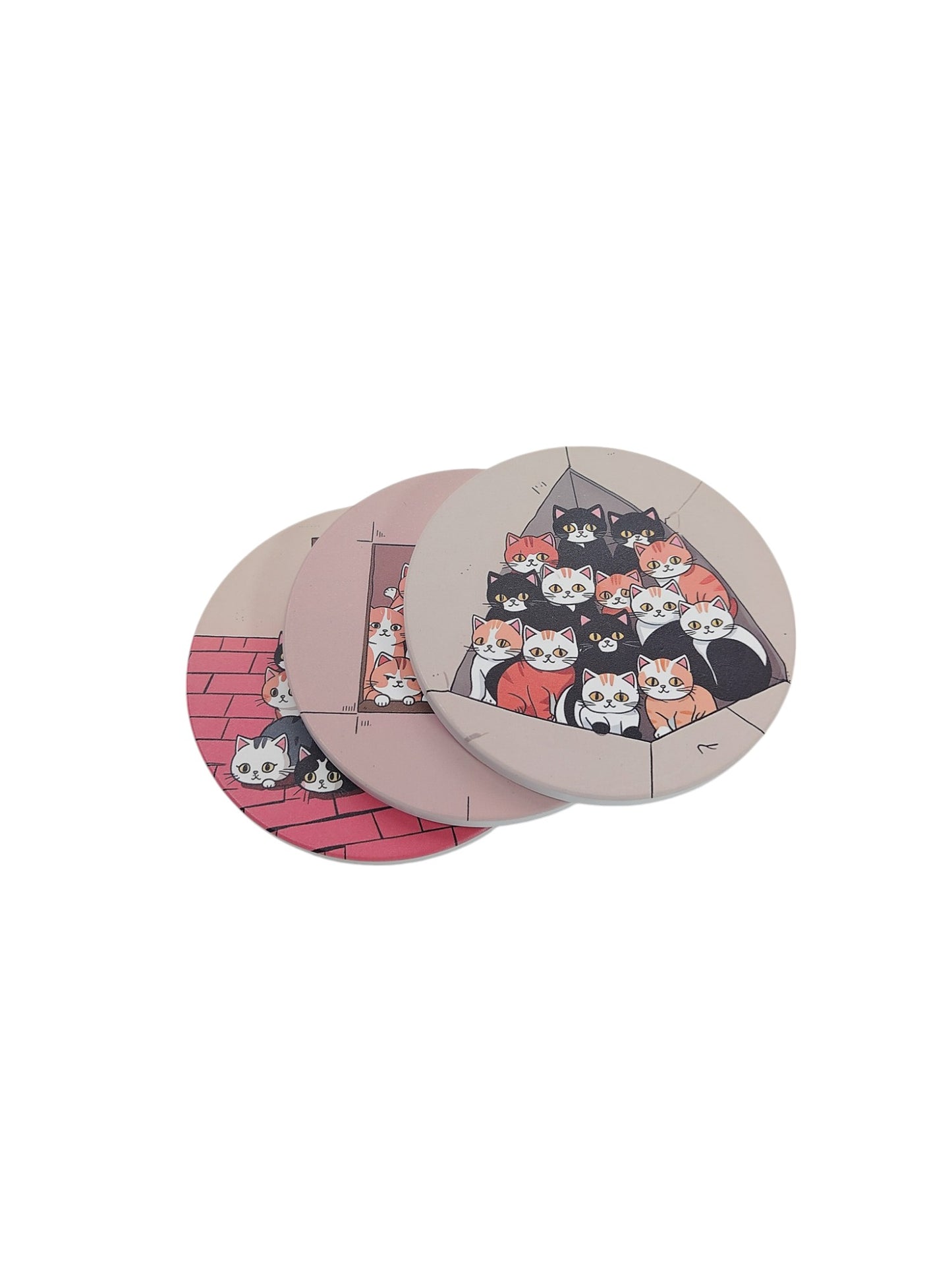 Round Ceramic Coasters 10cm Diameter Set of Three - Purr-fect Crowd