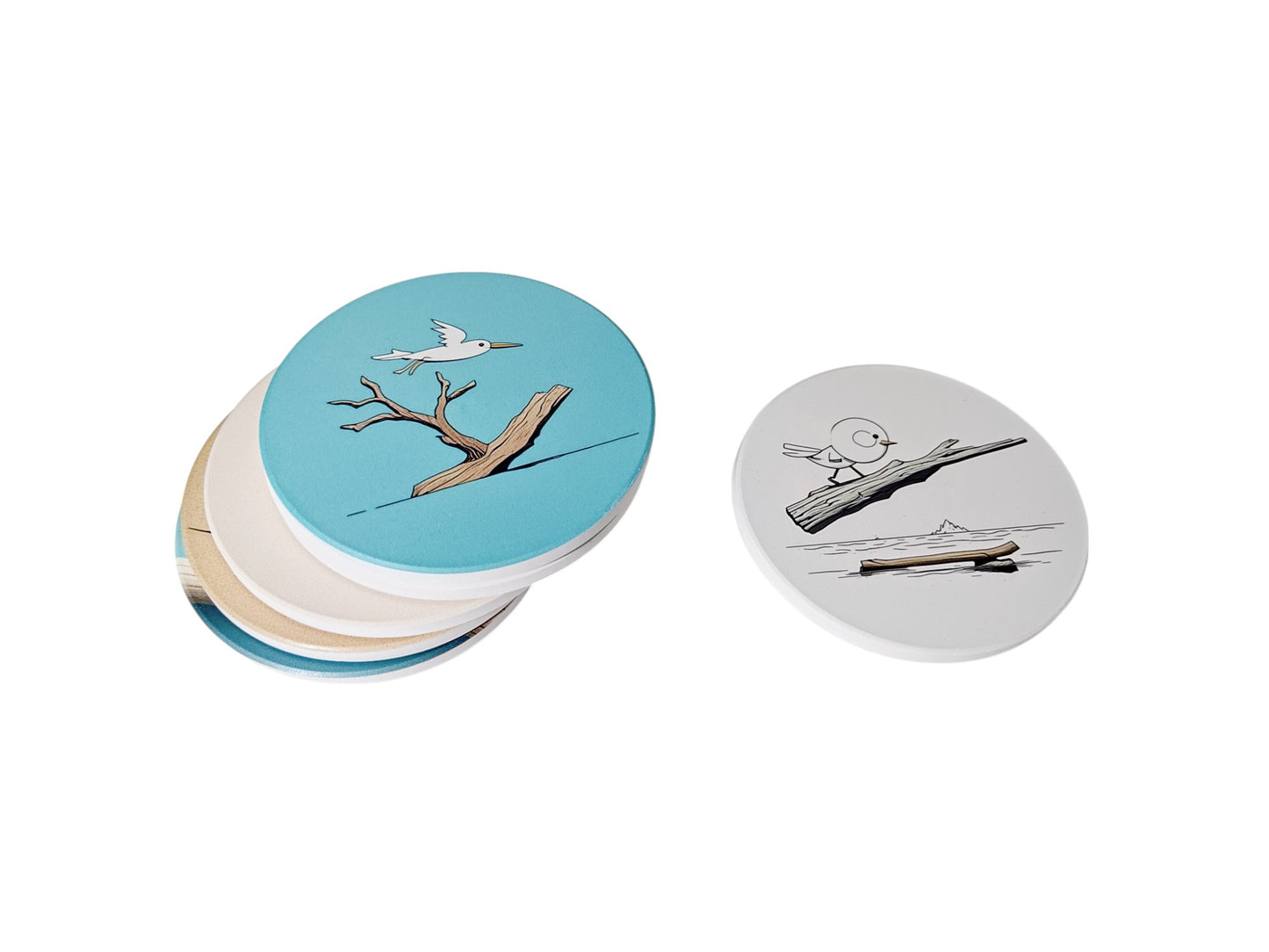 Round Ceramic Coasters 10cm Diameter Set of Six - Driftwood Tales Collection