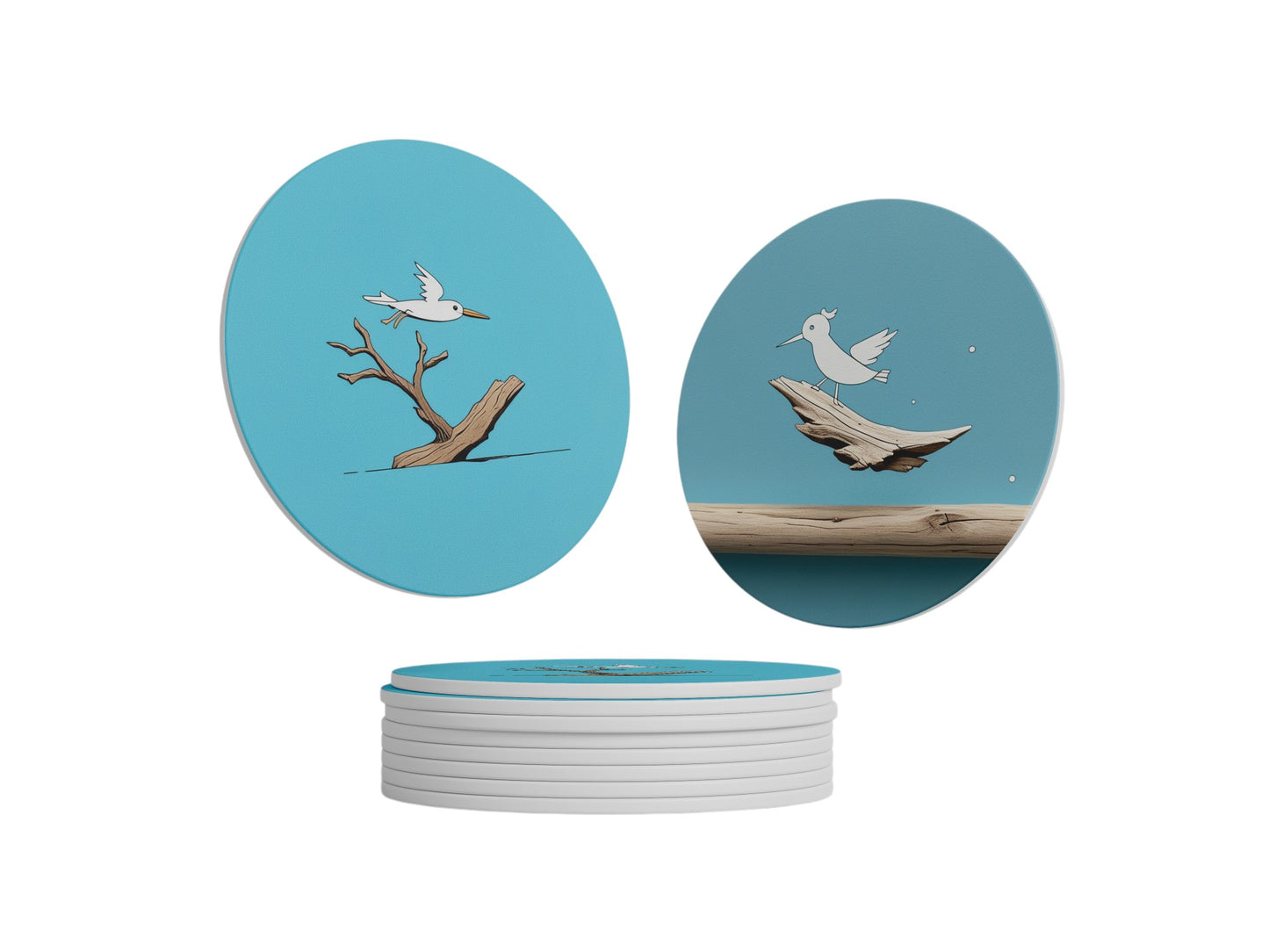 Round Coasters Ceramic Coasters 10cm Diameter Set of Two - Wings Over Driftwood